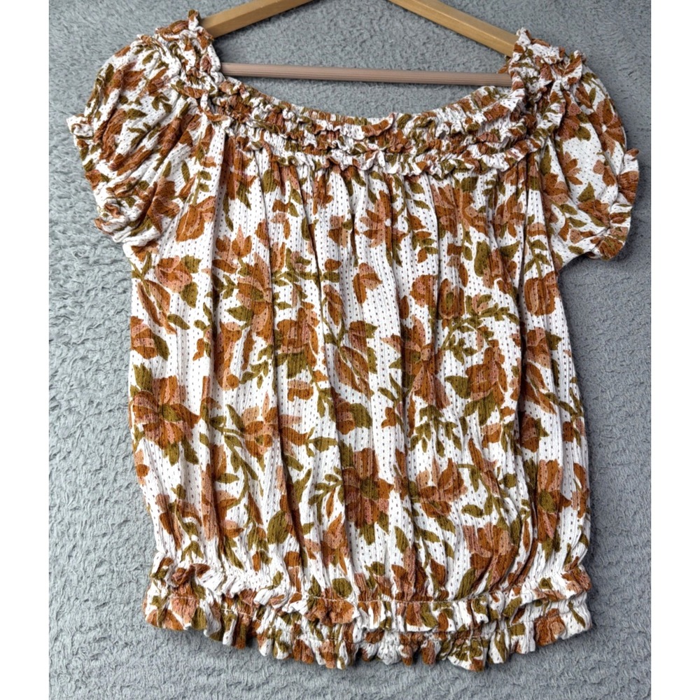Free People One Top Womens Small Top Blouse Ruffle Floral Printed Short Sleeve